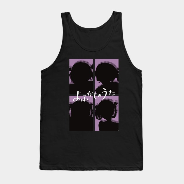 Call of the Night Anime Characters Silhouette of Nazuna Nanakusa in Cool 4 Panels Pop Art Style with Yofukashi no Uta Kanji or Japan Text Tank Top by Animangapoi